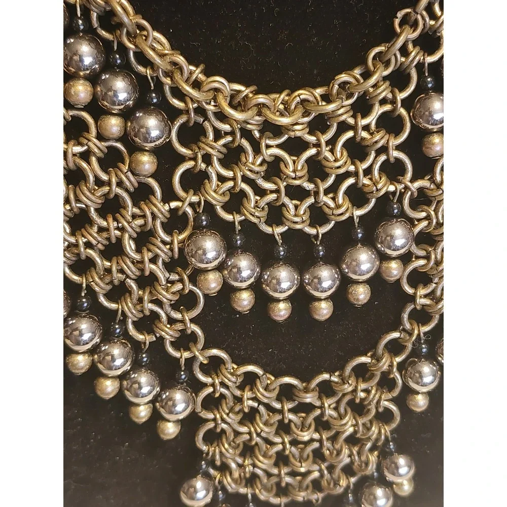 Brass Chainmail Bib Necklace Silver Sphere Bead Tiered Statement 18-21in